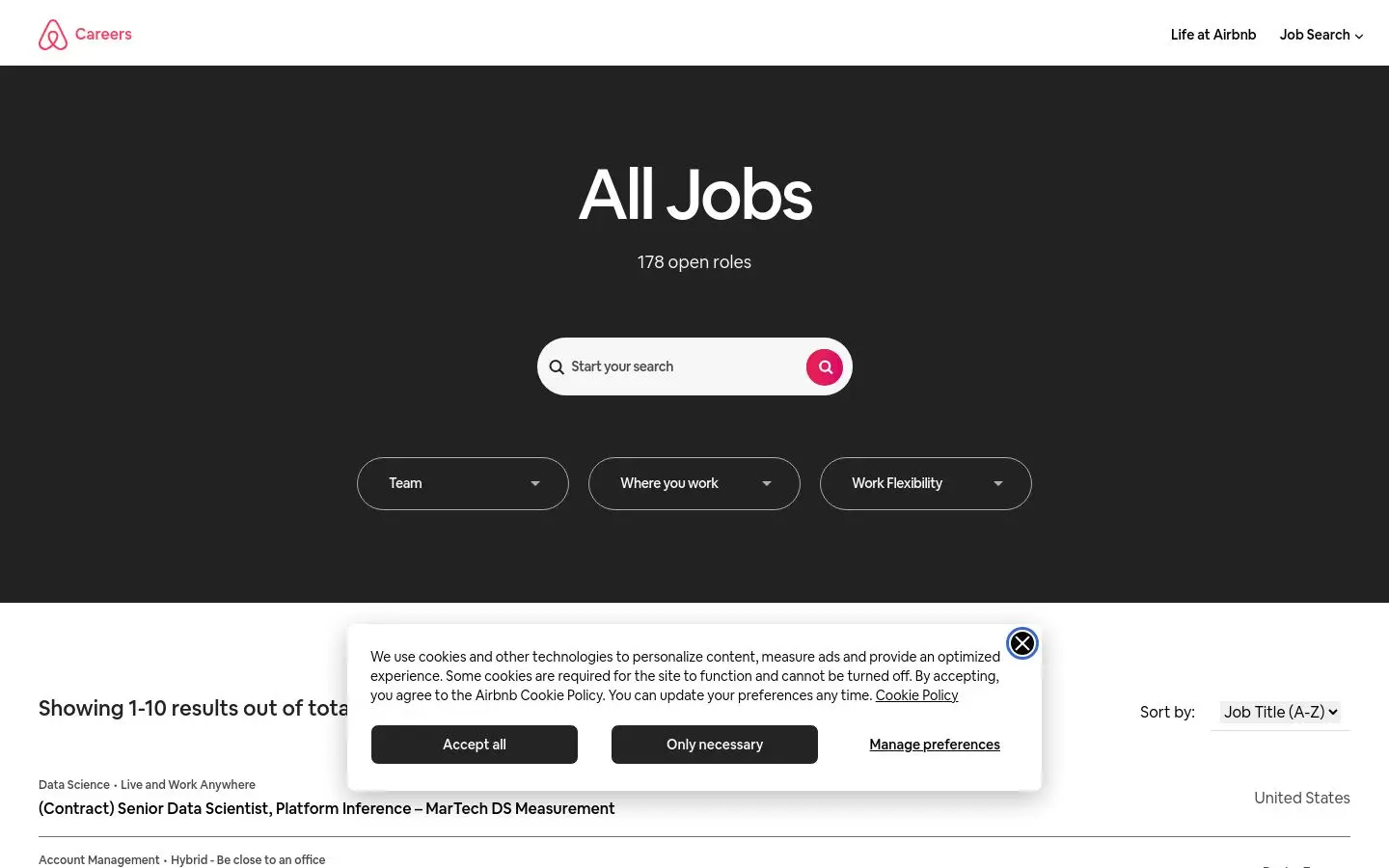 Airbnb's public Greenhouse board, including the cookie banner that sat over the listings during the screenshot