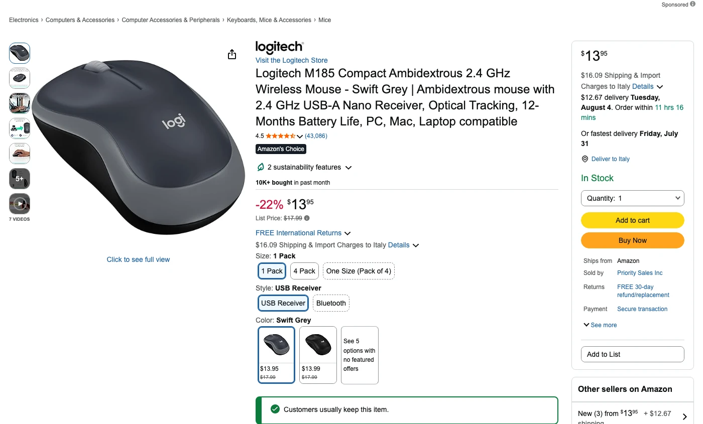 Amazon product page for the Logitech M185 wireless mouse showing the $13.95 price, 4.5 star rating, and the ASIN in the product URL