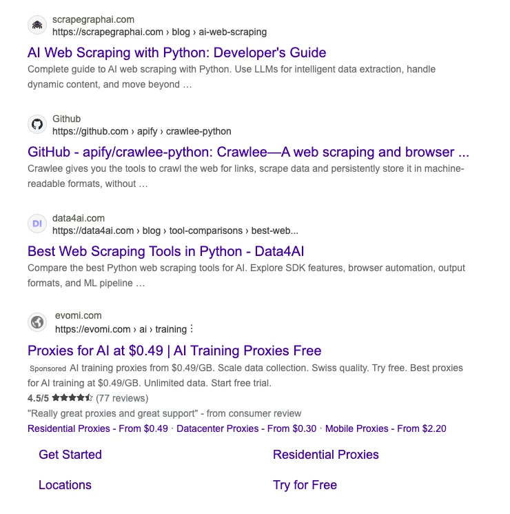 Bing search results for ai web scraping python showing the scrapegraphai.com guide as the top classic listing, followed by GitHub's crawlee and data4ai, with a sponsored proxy ad below the organic results