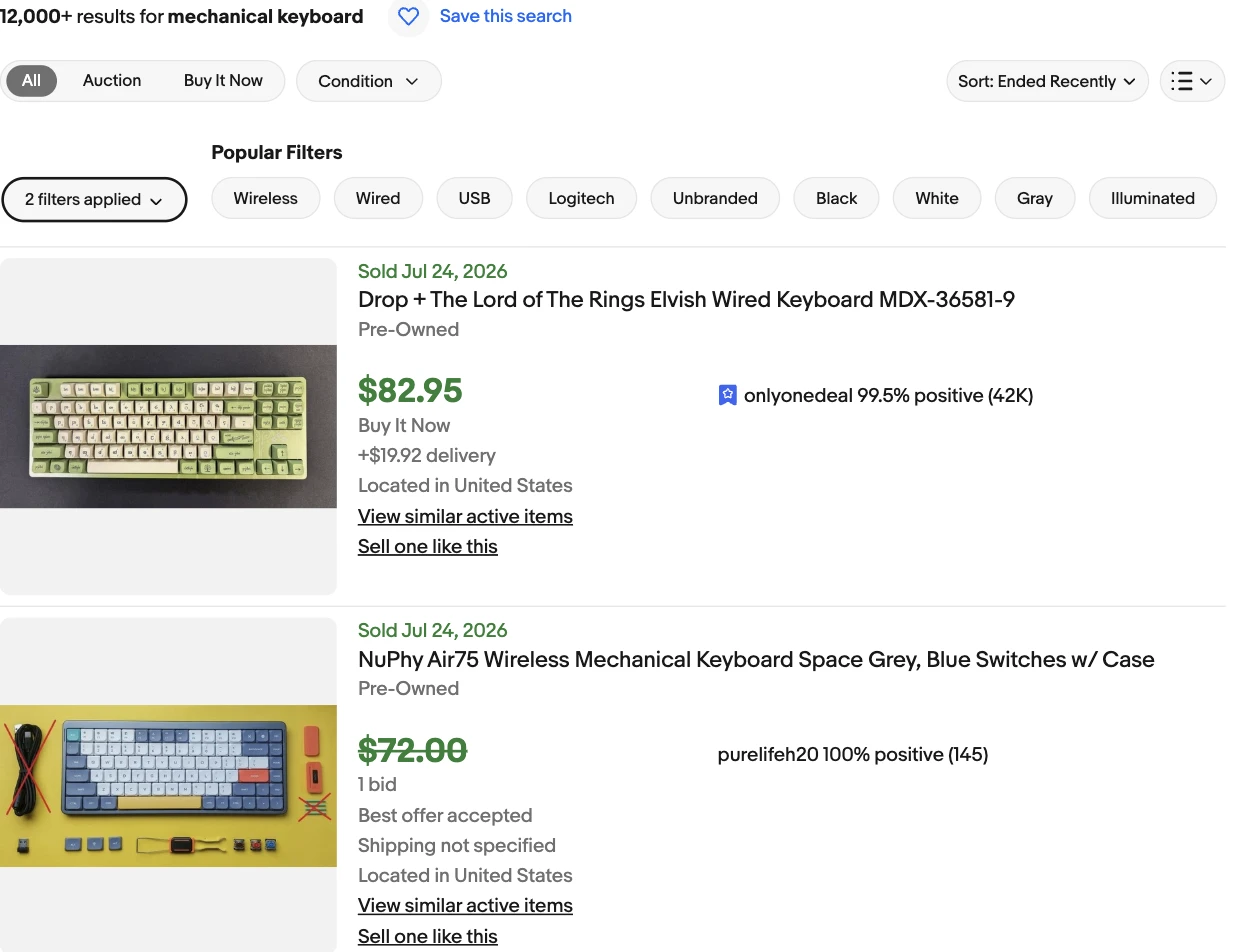 eBay sold listings for mechanical keyboard showing 12,000+ results, with a Drop Lord of the Rings keyboard sold for $82.95 and a NuPhy Air75 sold for $72.00 on July 24, 2026