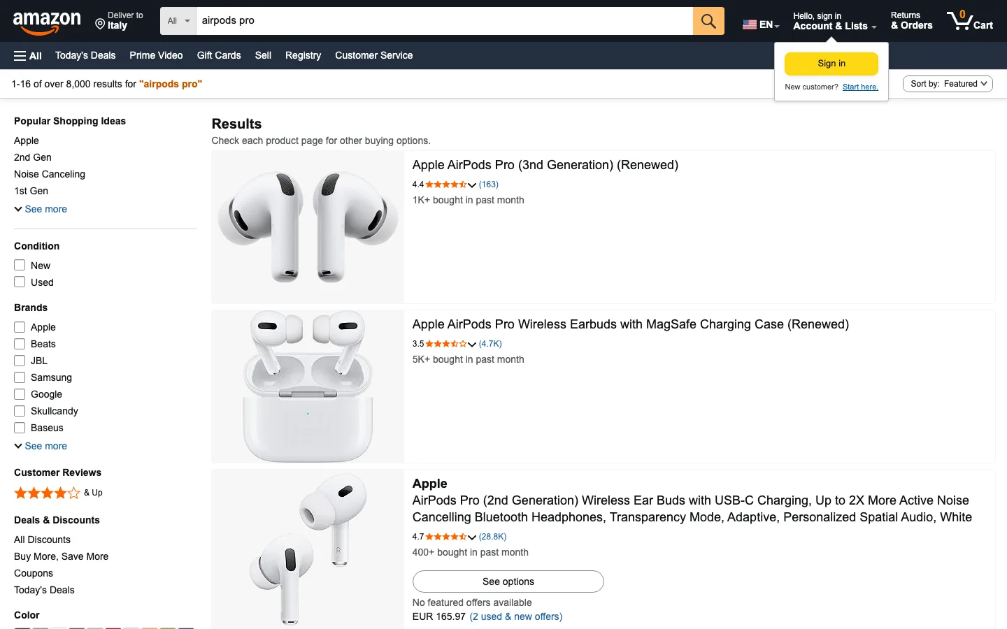 Amazon search results page for "airpods pro" showing multiple product listings, prices, and filters, the kind of listing page discovery starts from