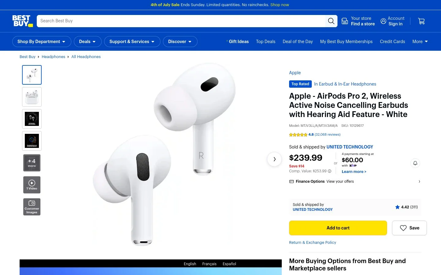 Best Buy product page for Apple AirPods Pro 2 showing the buy box, price, and "Sold & shipped by" seller, the fields extracted into the Best Buy offer record