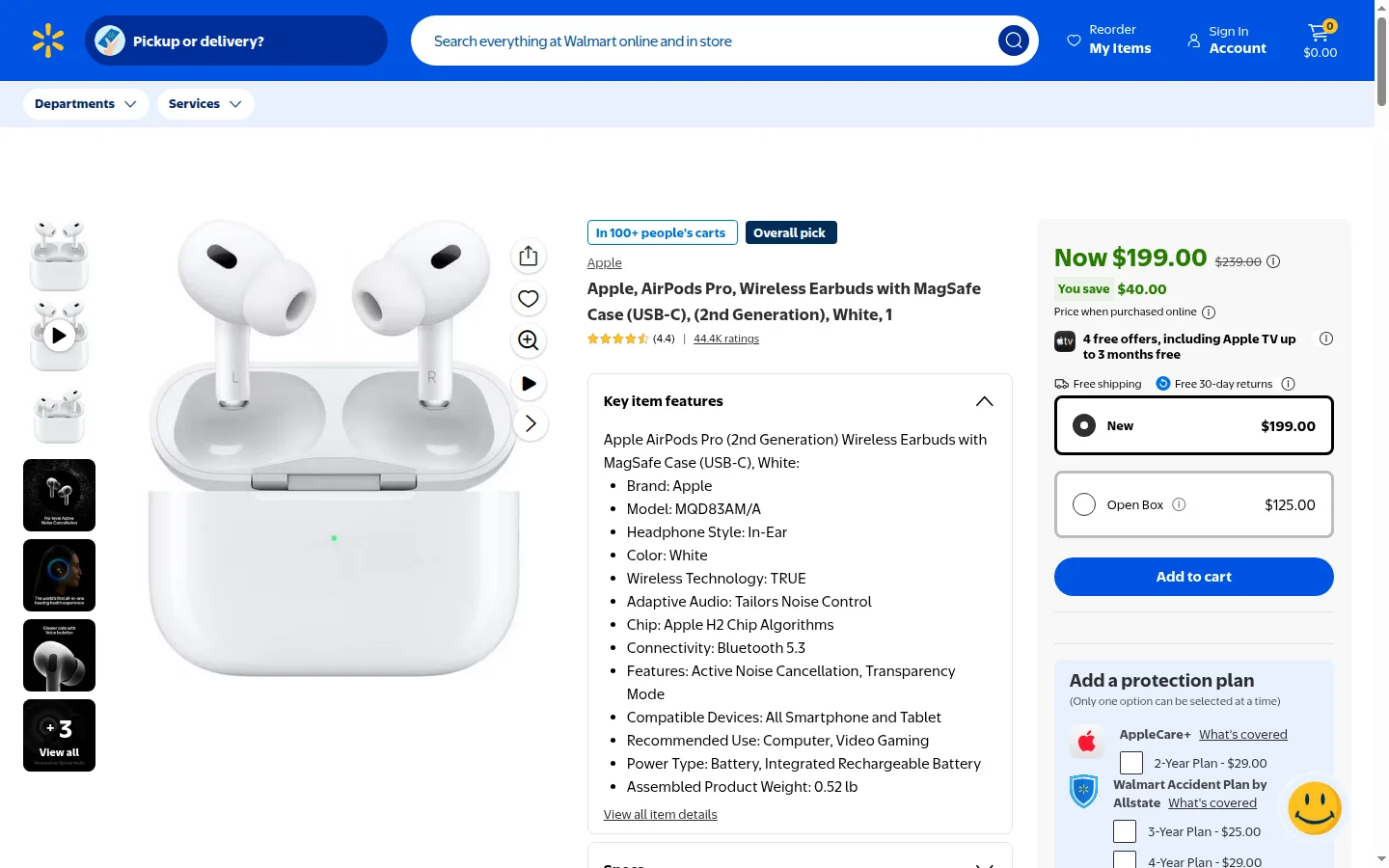 Walmart product page for Apple AirPods Pro 2 with MagSafe USB-C case showing the New and Open Box offers and price, the fields extracted into the Walmart offer record