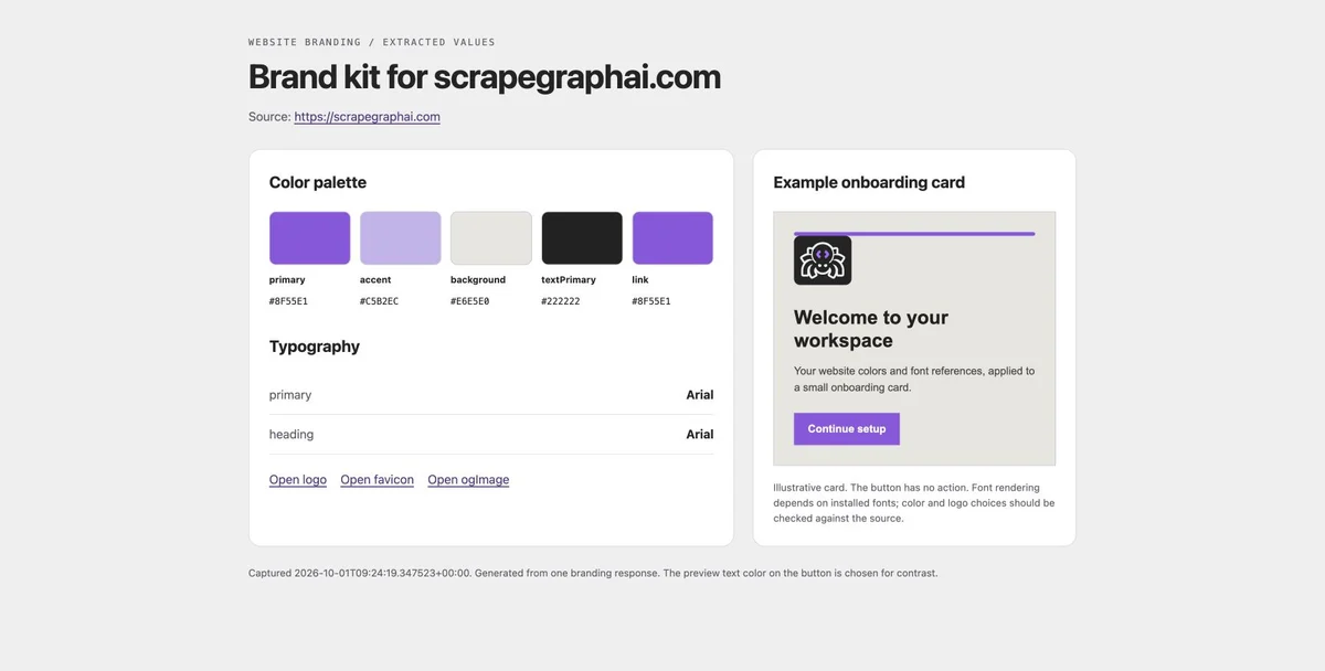 Brand kit generated from ScrapeGraphAI's homepage, showing extracted color swatches, font names, logo links, and a sample onboarding card