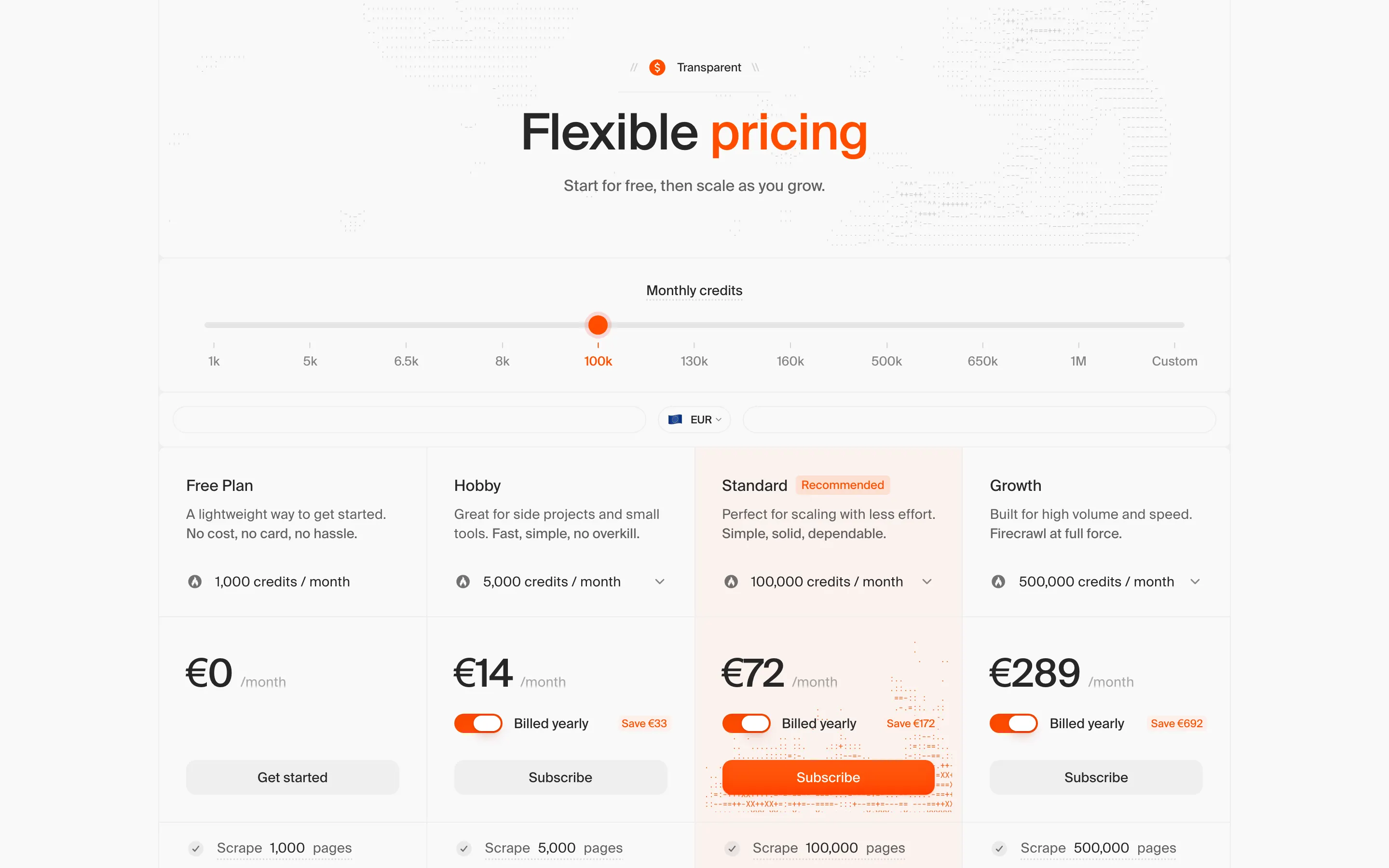 Firecrawl's public pricing page on 13 August 2026, with Free, Hobby, Standard, and Growth plan cards. The page may localize currency; USD figures in the tables below come from Firecrawl's English pricing page.