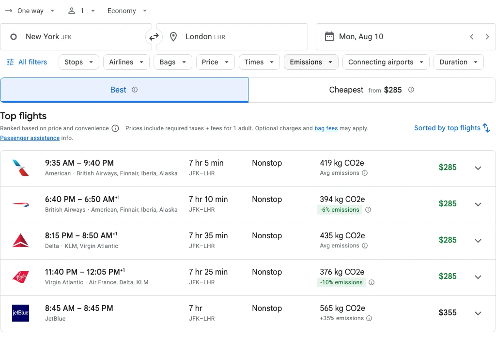 Google Flights results for a one-way JFK to LHR search on August 10, 2026, showing nonstop offers from $285 across American, Delta, Virgin Atlantic, and JetBlue