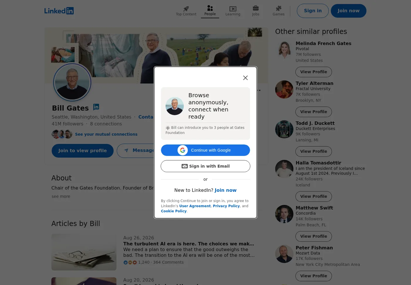 Public Bill Gates LinkedIn profile with the sign-in modal over it. Seattle, 41M followers, and the About snippet remain visible behind the login wall.