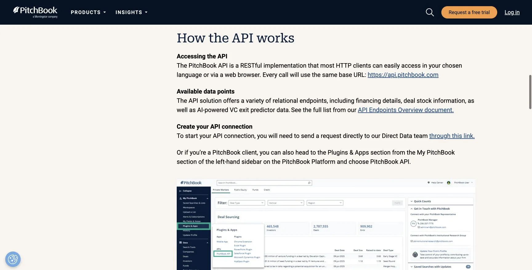 PitchBook API help page showing REST access, the api.pitchbook.com base URL, available data points, and the Direct Data access request