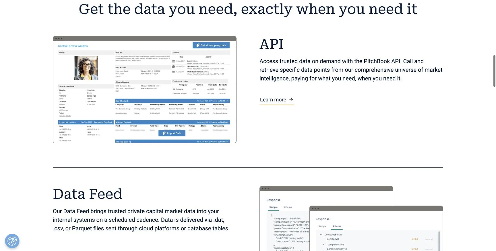 PitchBook Direct Data page comparing an on-demand API with scheduled Data Feed delivery and listing companies, deals, investors, and funds