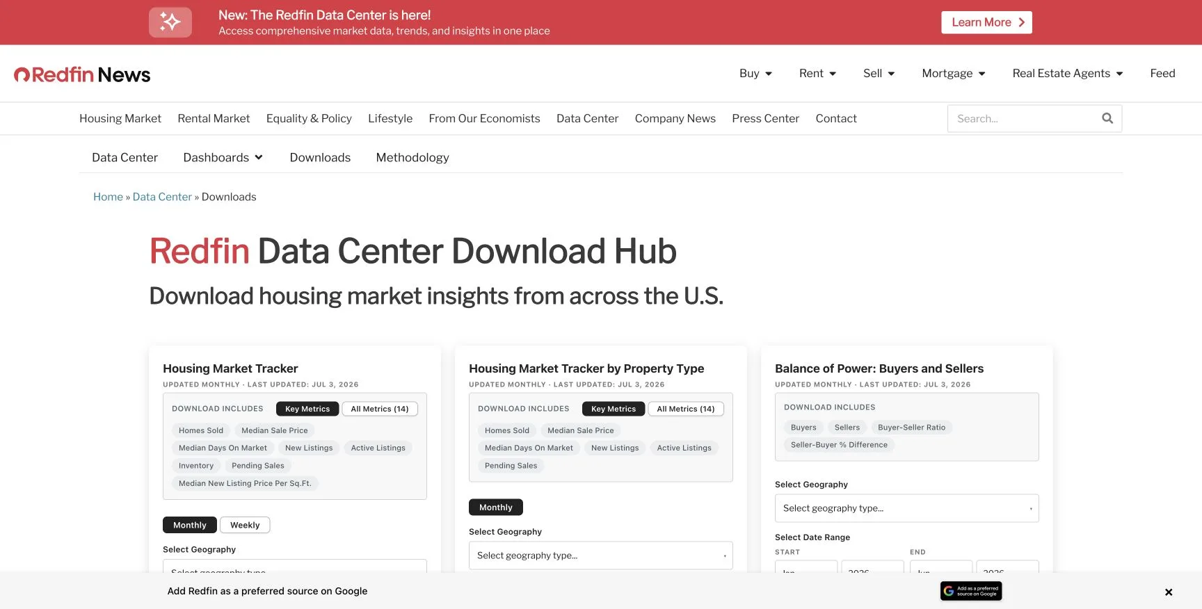 Redfin Data Center Download Hub showing Housing Market Tracker datasets, metric choices, cadence, geography, and date controls