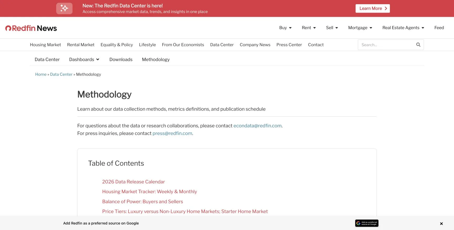 Redfin Data Center methodology page showing the 2026 release calendar and dataset-specific methodology sections