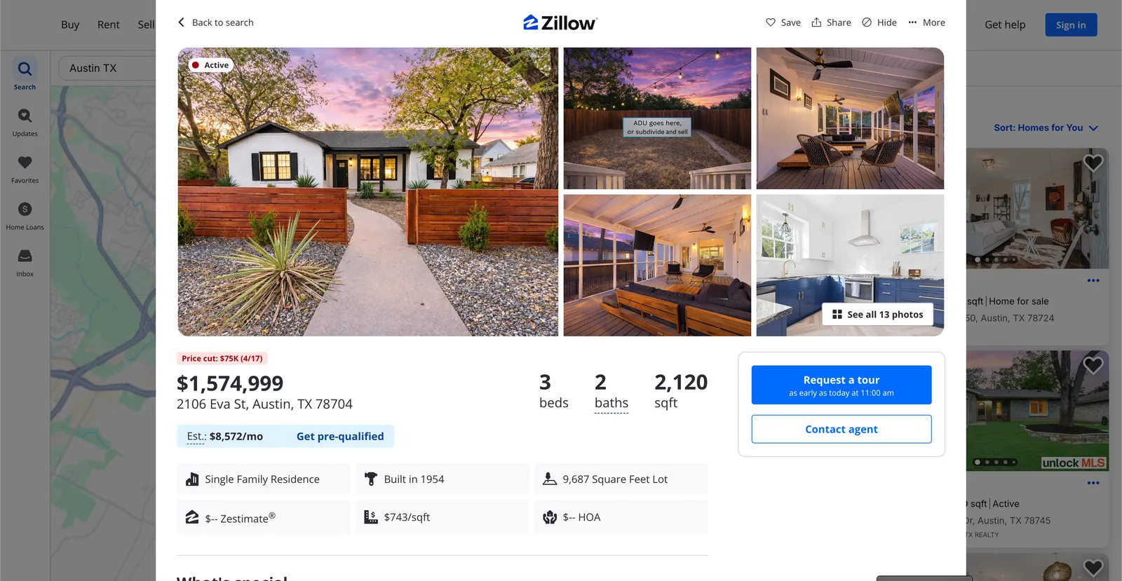 Zillow listing page for 2106 Eva St in Austin showing the visible price, beds, baths, square footage, and listing photos