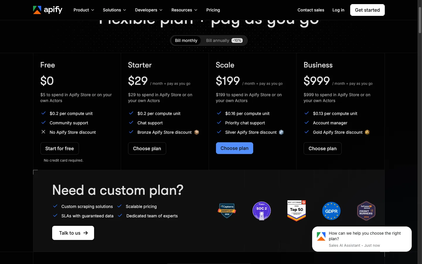 Apify pricing plans: Free with $5 platform credit, Starter at $29, Scale at $199, and Business at $999 per month plus pay-as-you-go compute