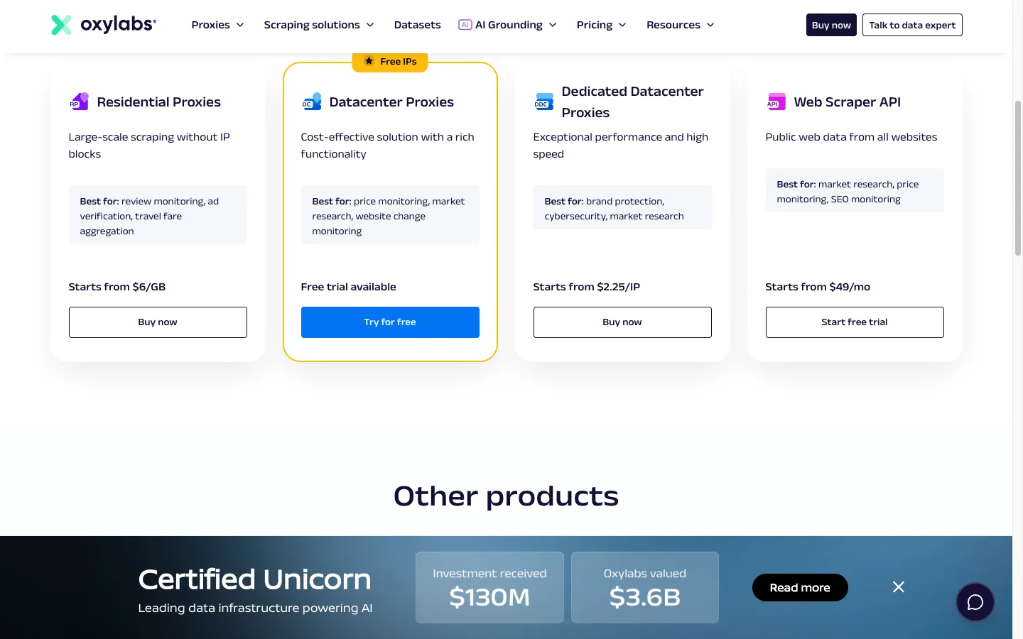 Oxylabs pricing cards for residential proxies from $6/GB, datacenter proxies, dedicated datacenter proxies from $2.25 per IP, and the Web Scraper API from $49 per month