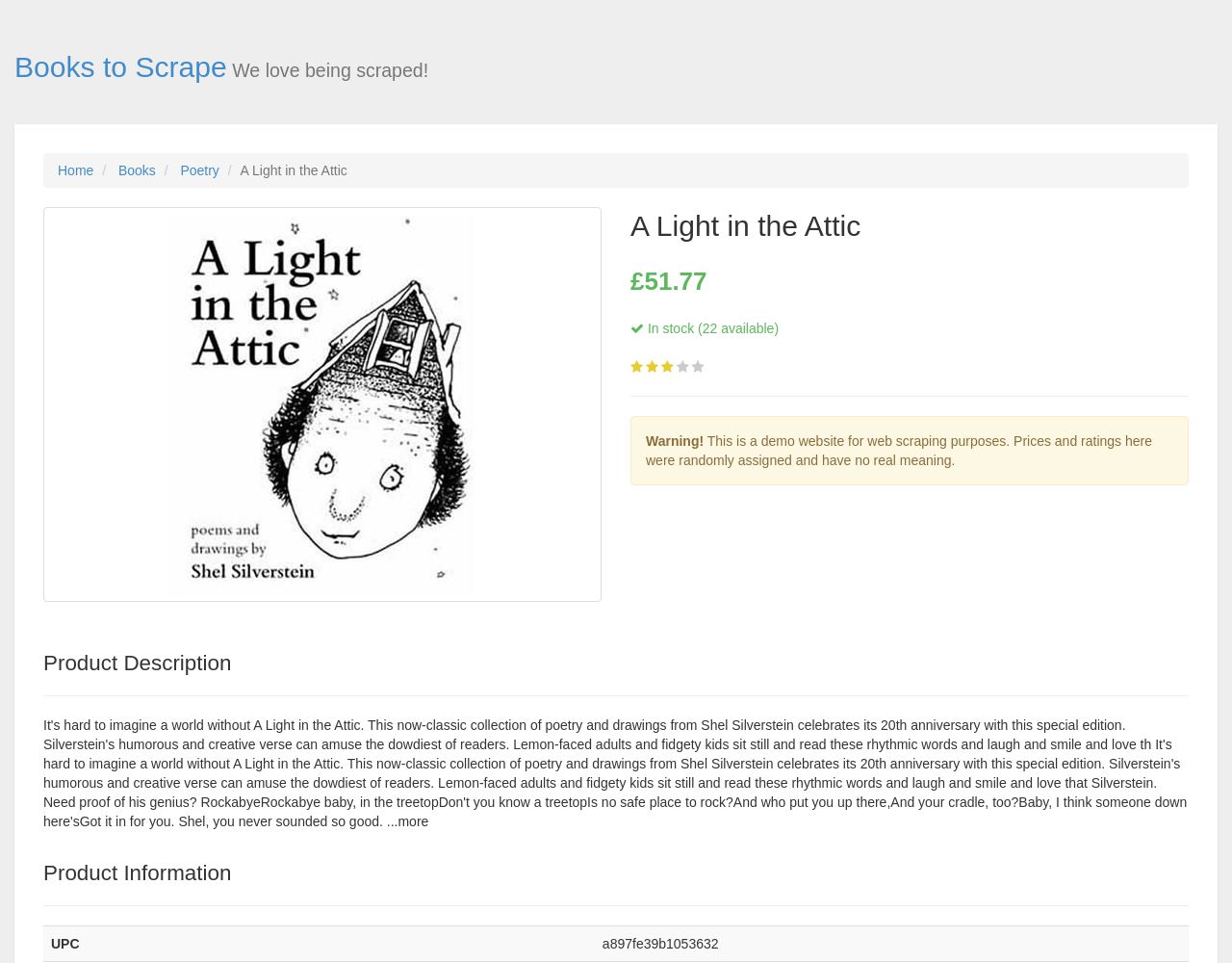 Books to Scrape product page showing the title, price and UPC used in the migration check