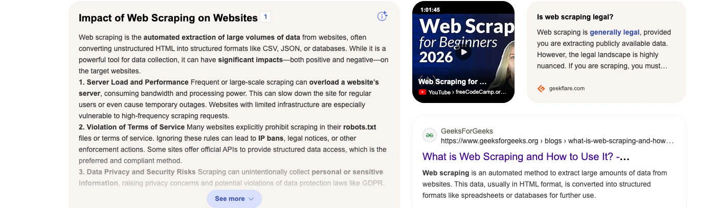 A real search results page showing several SERP features at once: a generated answer block on the left, a video result, a question-and-answer card, and an organic result below them