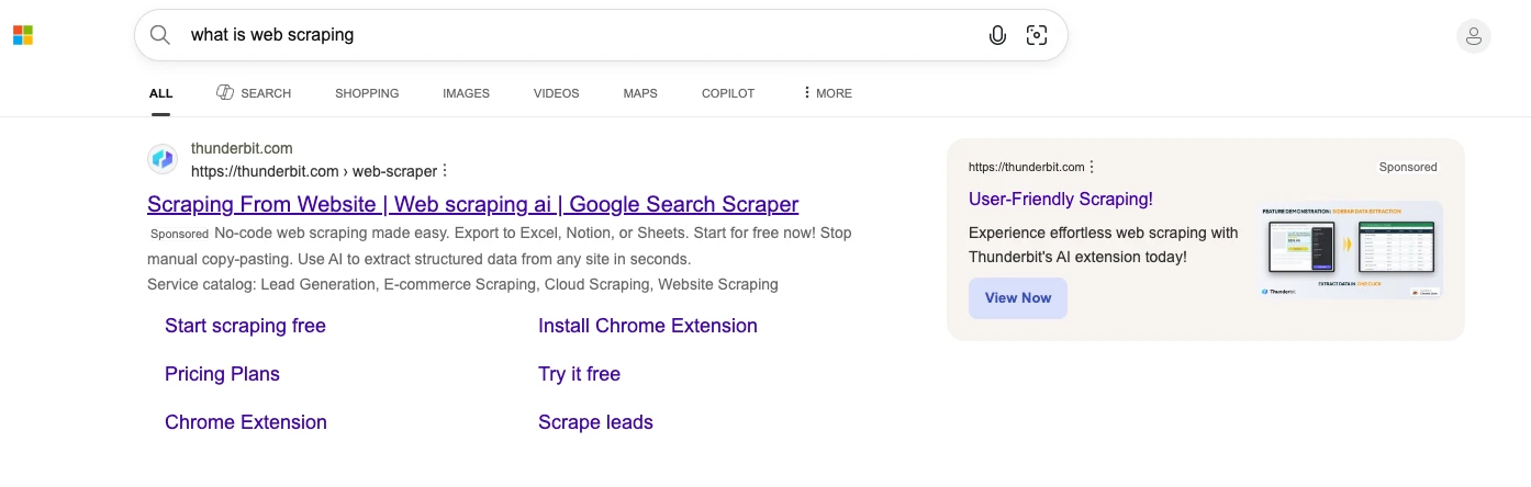 A real search results page for "what is web scraping" where the entire top of the page is sponsored ads, a text ad with sitelinks on the left and a product ad card on the right, before any organic result
