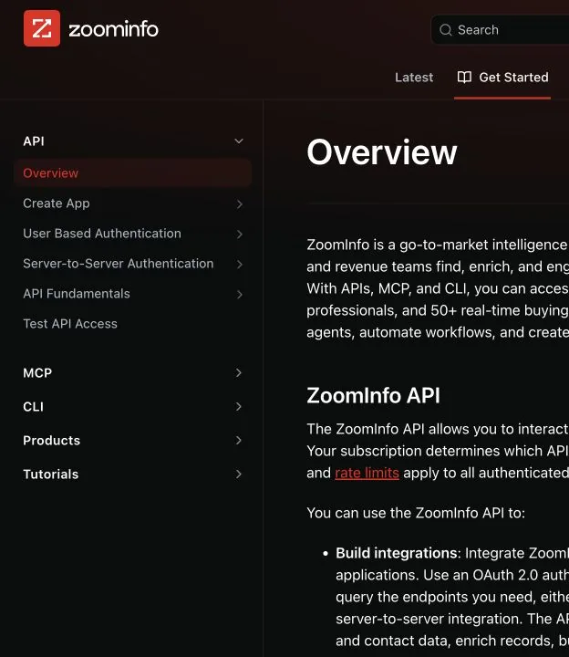 ZoomInfo API documentation overview showing the API navigation, OAuth authentication sections, API fundamentals, products, tutorials, and subscription-dependent access